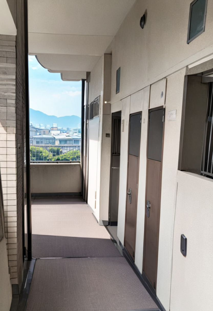 masterpiece, best quality, very aesthetic, absurdres,
rouka, hallway, scenery, window, building, day, sky, door, outdoors, blue sky, cityscape, city, real world location, 
 <lora:JProuka_apartment_hallway_SDXL_V1:1>