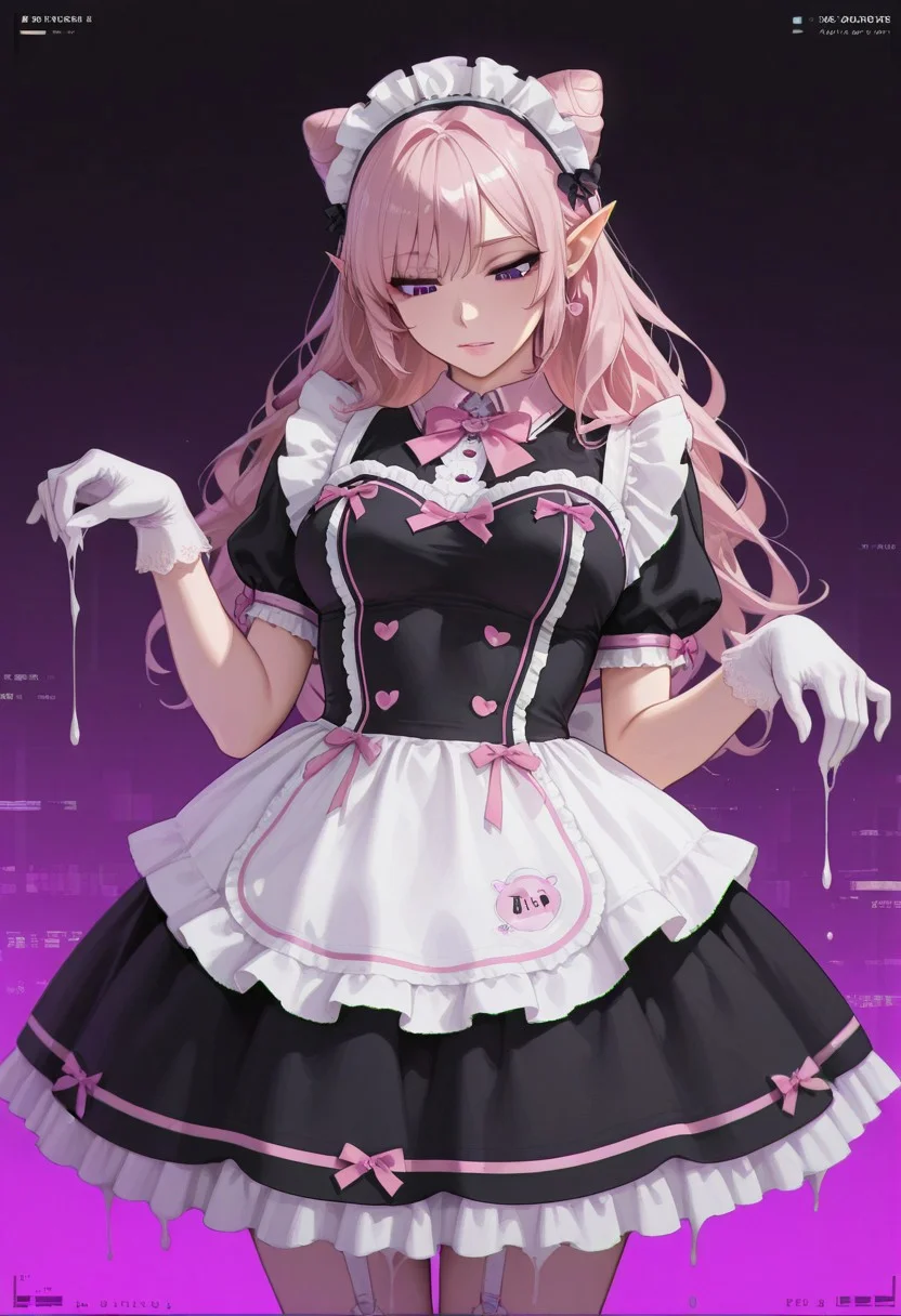 masterpiece, best quality, amazing quality, very aesthetic, absurdres, highres, newest, GLSHS, partially illuminated, elf girl, pointy ears, pink hair double hair bun, cone hair bun, purple eyes, pink lips, makeup, jewelry, maid dress, pink bow, frills, short sleeves, maid headdress, medium breasts, digital glitch, melting clothes, gloves, purple trim, curtsying, looking down, bow /(pose/), neon background, chromatic aberration,