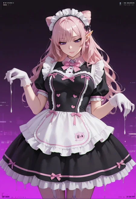 masterpiece, best quality, amazing quality, very aesthetic, absurdres, highres, newest, GLSHS, partially illuminated, elf girl, pointy ears, pink hair double hair bun, cone hair bun, purple eyes, pink lips, makeup, jewelry, maid dress, pink bow, frills, short sleeves, maid headdress, medium breasts, digital glitch, melting clothes, gloves, purple trim, curtsying, looking down, bow /(pose/), neon background, chromatic aberration,