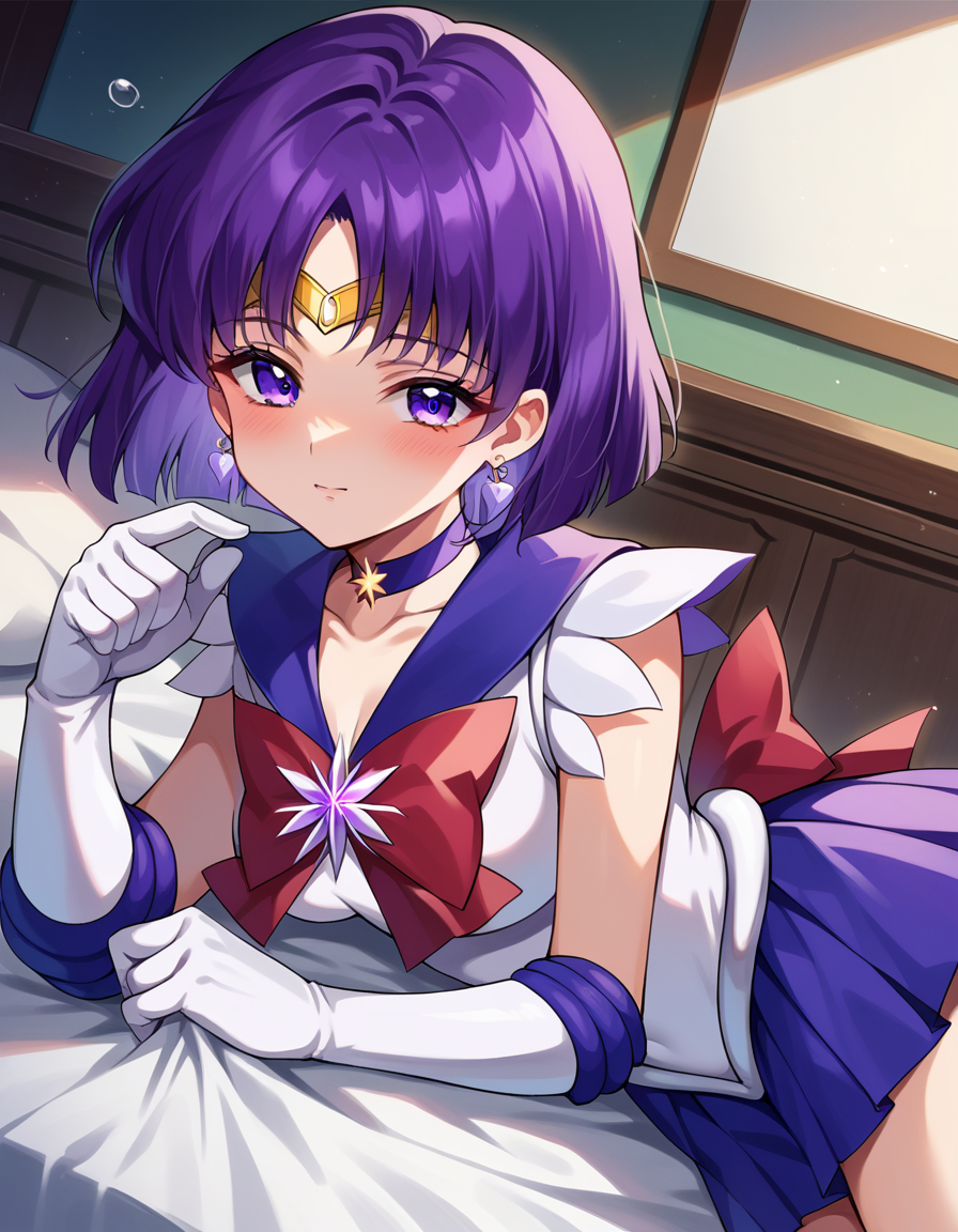 score_9, score_8_up, score_7_up, source_anime,
sailorsaturn, <lora:sailor-saturn-ponyxl-lora-nochekaiser:1>
sailor saturn, purple eyes, short hair, purple hair, circlet,
brooch, choker, earrings, gloves, jewelry, magical girl, miniskirt, purple sailor collar, sailor collar, sailor senshi uniform, skirt, star choker, white gloves,
indoors, bed, bed room, on side, blush, drunk,
looking at viewer, cowboy shot, dutch angle,