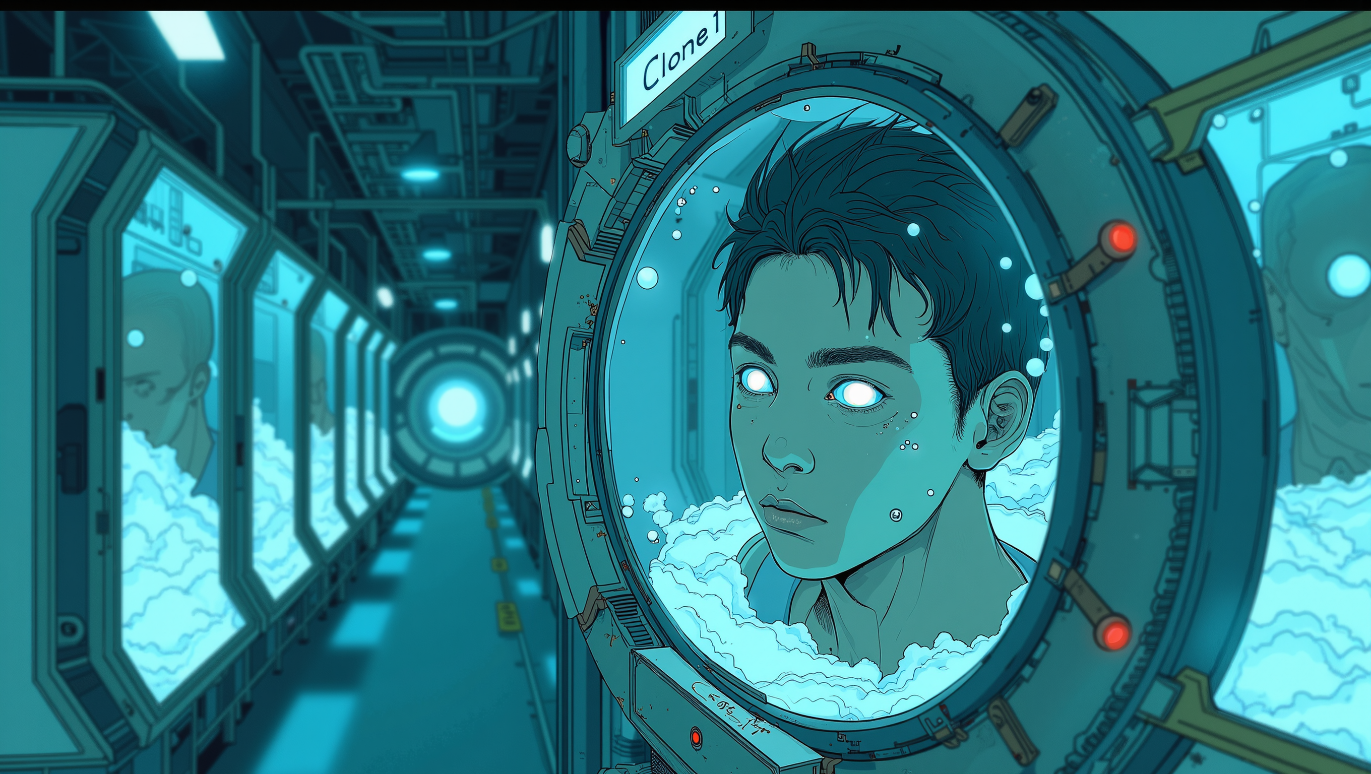 A clone, still in its cryogenic chamber, begins to awaken. The chamber is filled with a soft, blue light, and frost clings to the glass. The clone's eyes slowly open, revealing a blank, yet curious expression. there is a plate with the text "Clone 1" The lab around the chamber is sterile and high-tech, with other chambers lined up, each containing identical clones. The style is clinical and eerie, with a focus on the clone's emergence and the unsettling implications of mass cloning