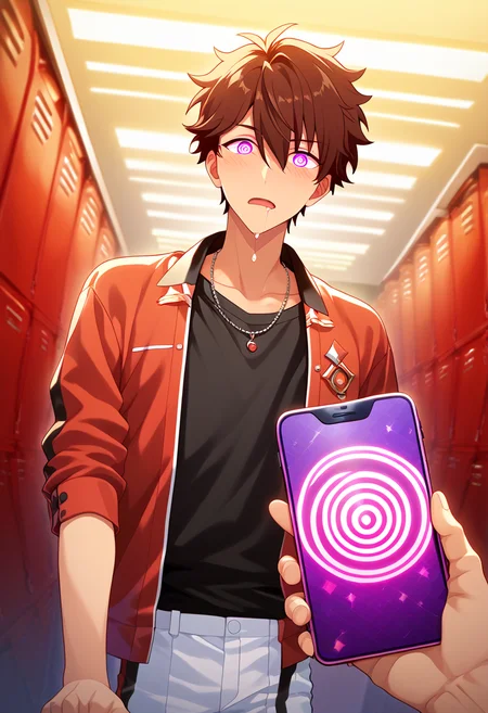 1boy, male focus,
morisawa chiaki, ensemble stars!, 
,((zPDXL)), score_9_up, score_8_up, score_7_up, score_6_up, score_5_up, score_4_up, best quality, amazing quality, best aesthetic, absurdres, year2023, uncensored, nsfw, game cg, official art, official style, depth of field, detailed eye,
red jacket, idol clothes, white pants, black shirt,  necklace,
changing room, standing,
looking at viewer,  expressionless, parted lips, drooling, saliva, drooling, :o,
 <lora:Style - Expressive_H-000001:1> expressiveh
 <lora:Helper - Hypno_App_POV:1> hypnosis, brainwashed, blush, looking at viewer, phone, mind control, cellphone, purple eyes, (pov hand holding phone), @_@,