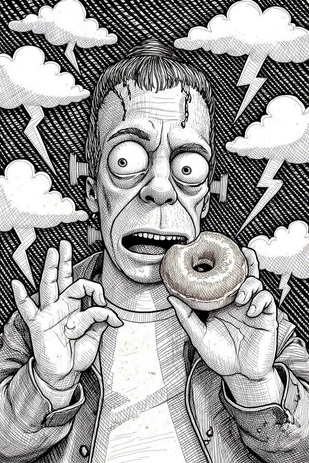 crosshatch black and white drawing.
Homer Simpson dressed as Frankenstein, eating a doughnut during a thunderstorm 
 <lora:crosshatch1_nocap_d6a3:1.0><lora:807668166504392899:0>