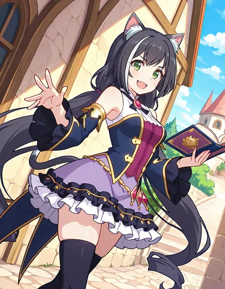 (karyl (priconne),streaked hair,multicolored hair,black hair,white hair,very long hair,low twintails,bangs,purple bow,green eyes,fang,cat girl,animal ear fluff,cat ears,cat tail,sleeveless shirt,long wide frilled detached sleeves,bare shoulder,purple frilled skirt,black thighhighs,holding open book,smile,1girl),cobblestone streets in a medieval town,medieval castle,day,
(dynamic angle:1.6) ,
looking at viewer,
medium breasts,
perky breasts,realistic proportions,natural looking breasts,explicit,hair between eyes,strong outlines,clean lineart,harsh lines,slim,curvy,(narrow waist:0.1), wide hips,thick thighs,detailed body,skindentation,matte skin,smooth skin,deep skin,soft brightness,detailed mouth,kawaii,moe face,
(anime screencap),(anime coloring:1.2),anime style, Japanese anime, cel-shading, clean lineart, vibrant colors, sharp facial features, 2D illustration, anime screencap style,anime background scenery,detailed linework,intricate details,(masterpiece,best quality,amazing quality),IllusP0s,(very aesthetic,absurdres:1.2),16k,highres,perfect hands,five fingers,detailed hands,
<lora:ããªã³ã»ã¹ã³ãã¯ãReDiveãã£ã«illustriousPrincess_Connect_ReDivekarylillustrious:1:0.8>