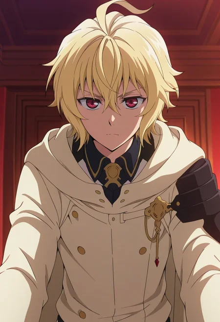 masterpiece, best quality, , anime screencap, anime coloring, official style, looking at viewer, 1boy, solo, male focus, <lora:mikaela_hyakuya_ilxl:0.98>, mikaela_hyakuya, blonde hair, red eyes, short hair, hair between eyes, bangs, ahoge, , ,