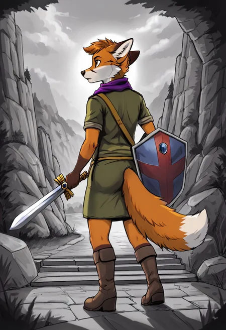score 9, score 8 up, score 7 up, score 6 up, score 5 up, score 4 up,
standing watching the sun set over the sea from a cliff top, back, canid, canid, fox, mammal, red fox, true fox, 5 fingers, anthro, anticipation, brown eyes, brown nose, dressed, detailed background, gauge tail, fingers, fur, hair, hold melee weapon, hold object, hold shield, hold sword, hold weapon, handkerchief, looking up, male, markings, melee weapon, multicolored body, multicolored fur, multicolored tail, scarf, orange body, orange fur, orange hair, orange tail, pose, purple scarf, purple scarf, shield, shirt, solo, sword, tail, brown riding boots, outerwear, tunic, two-tone body, two-tone tail, weapon, white body, white fur, white tail tip,monochrome, greyscale, sketch,