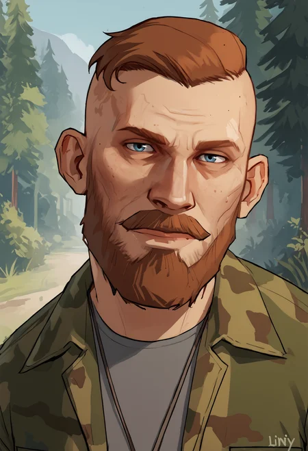 score_9, score_8_up, score_7_up, BREAK 1boy, solo, mature male, looking at viewer, portrait,
beard, mustache, blue eyes, short hair, undercut,grey shirt, camouflage jacket, standing, head tilt,
outdoors, forest path, sunny, <lora:Jacob_Seed_2:1>