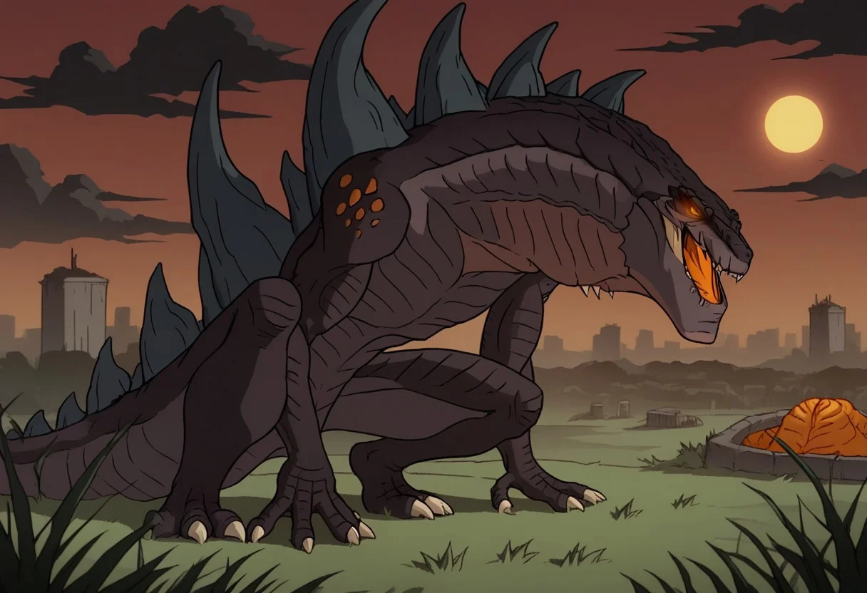 score_9, score_8_up, score_7_up, wide shot, Evil Dead style, godzilla_TAS, orange maw, monsterous, glowing eyes, scales, fangs, on a grassy sloped hill, side of a hill, tall grass, scattered bushes, moody and dramatic, with the dark silhouettes of Godzilla contrasting against the muted, red sky, scenery, creepy, night, yellow moon, red sky, black clouds