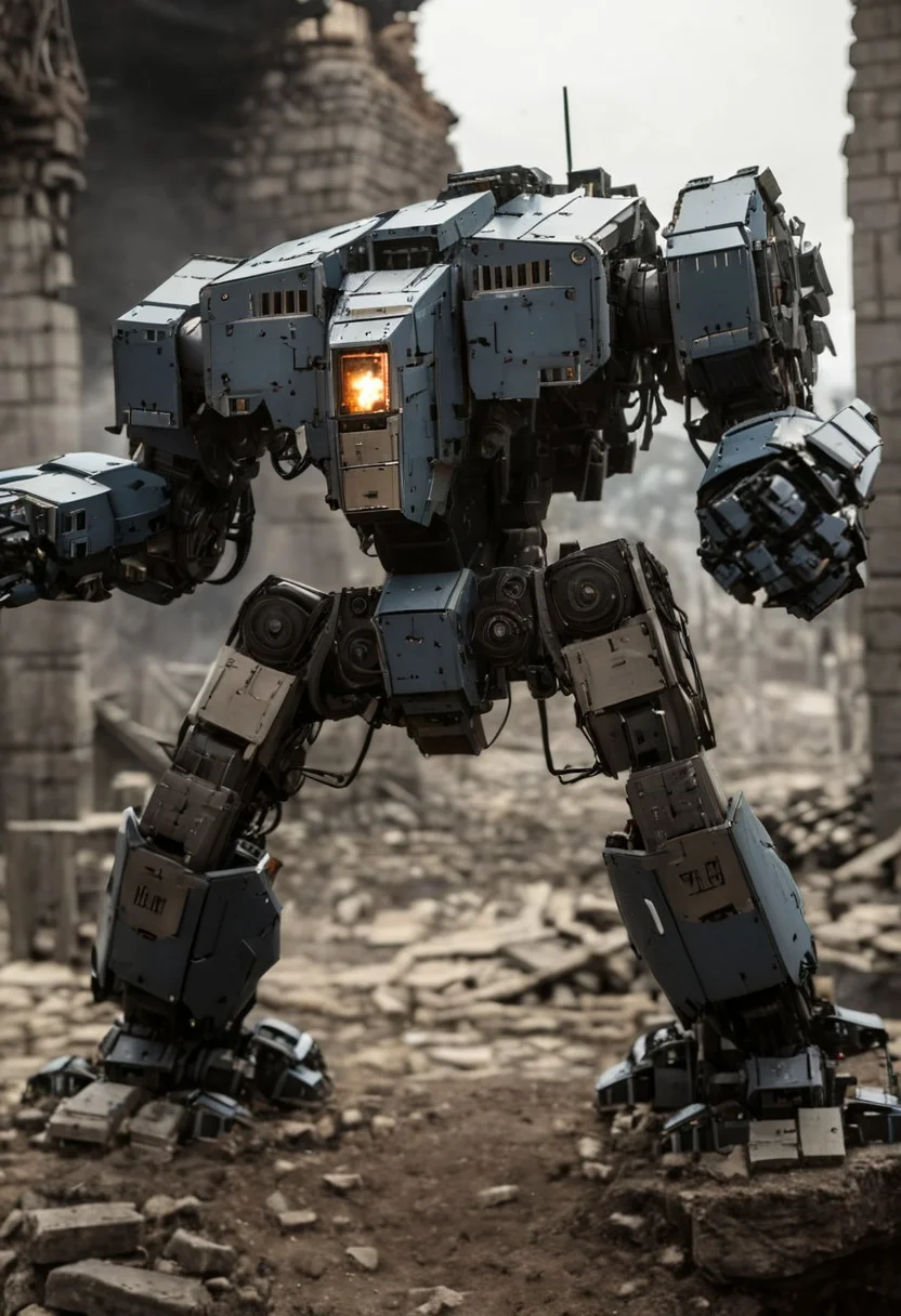 photograph, highly detailed, mecha, robot, war machine, day, glass windsheild, outdoors, ruins, battle, size difference, cold light, burning, firing