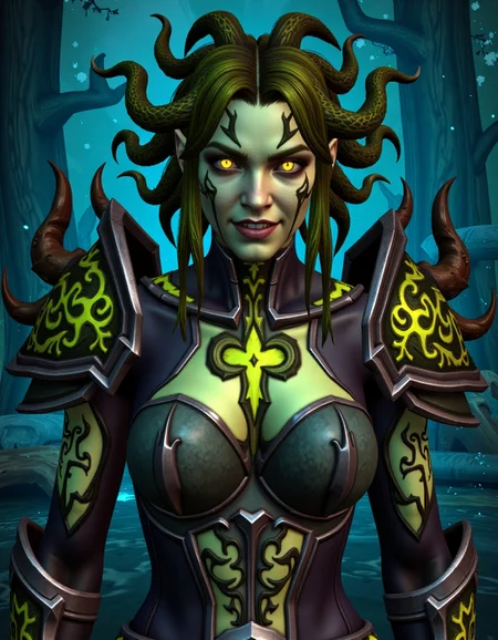 WOW_Character_Style, Extreme close-up portrait of Medusa, cropped from upper chest to mid-forearm. Her glowing, venomous yellow eyes stare intensely, filled with a mix of wrath and tragedy. Her face is framed by writhing snakes instead of hair, each one hissing and moving independently. Her expression is both fearsome and hypnotic, exuding dark, ancient magic. She wears a dark, scaled armor that shimmers with a green, poisonous hue, the scales resembling those of a serpent. The frame's top edge highlights her spiked, snake-themed shoulder armor, glowing faintly with toxic energy. Image cuts off at mid-forearm, revealing serpentine patterns etched into her armor, swirling with shadowy, green mist. Hands out of frame. The background suggests the dark, swampy depths of Nazmir, with twisted trees and venomous fog rolling through the marshlands. [Composition: Tight 85mm lens effect, compress perspective to naturally exclude extremities.]