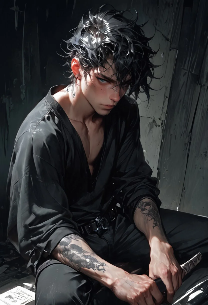 score_9, score_8_up, score_7_up, masterpiece, ultra-realistic 8k, (best quality), (lots of details), (intricate details), (deep blue palette, black palette, gray palette), (dark theme, dark shot, muted colors), (male focus), (knee shot), (view from above), (unique angle), (dutch angle), 1 adult boy, sitting on a chair in a dark abandoned room surrounded by swords pointed at him, (masculine), (muscule), leather pants, belt, bare chest, unbuttoned leather jacket, (tattoo:1.2), shiny skin, detailed eyes, blue eyes, short hair, black hair, disheveled hair, (smile:0.3), looking at viewer, indoor, (a lot of swords:1.2), chair, dark abandoned room, highres textures, Expressiveh, d4rkv1b3