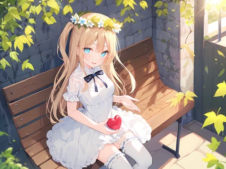1girl,solo,blonde hair,long hair,one side up,blue eyes,medium breasts,white frilled thighhighs,hat,hat flower,head wreath,white dress,
holding heart,heart,looking at viewer,head tilt,bow,sitting on bench,open mouth,light smile,
outdoors,bench,light rays,wall,leaves,
front view,upper body,close up,
<lora:rurudo_2-000036:1>,