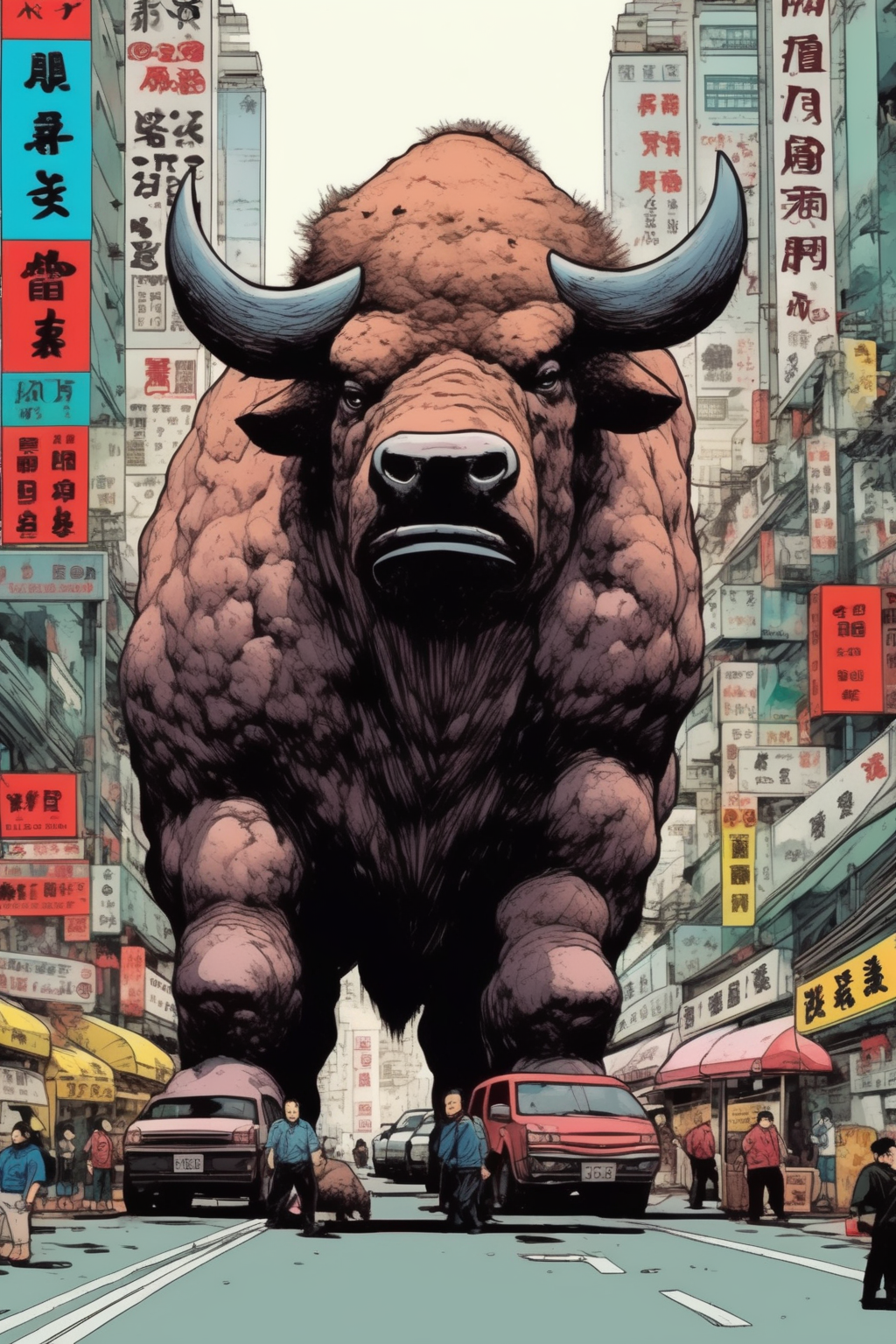 <lora:Liam Wong Style:1>Liam Wong Style - a dense Hong Kong cityscape. A giant bison sits in the middle of the street and blocks traffic. Done in the comic art style of hideaki anno