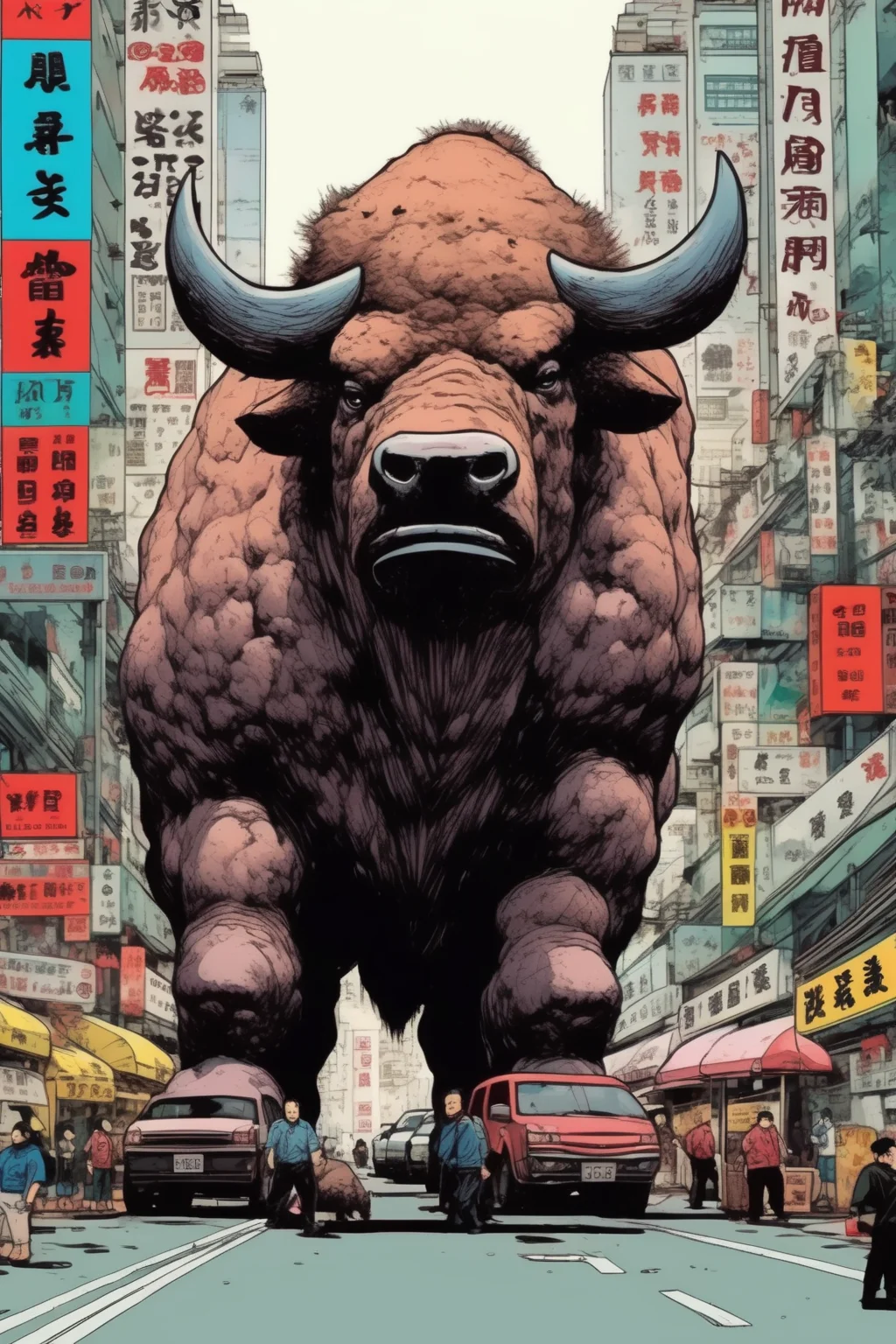 <lora:Liam Wong Style:1>Liam Wong Style - a dense Hong Kong cityscape. A giant bison sits in the middle of the street and blocks traffic. Done in the comic art style of hideaki anno