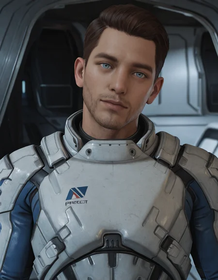 masterpiece, best quality, absurdres, newest, perfect quality, best quality, absolutely eye-catching, detailed background, intricate details, male focus, solo, realistic, <lora:Mass Effect Andromeda - Scott Ryder - Illustrious-000010:0.6>, s_ryder, 1boy, brown hair, light blue eyes, stubble, spacesuit, spacecraft interior, space, contrapposto, looking at viewer, portrait, head tilt, flirty