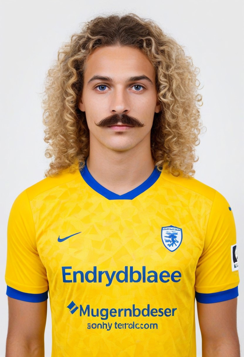 photo of a boy with long blonde curly hair, moustache, looking at viewer. simple background, white background.
(wearing soccer_jersey, yellow theme, blue theme, english text).