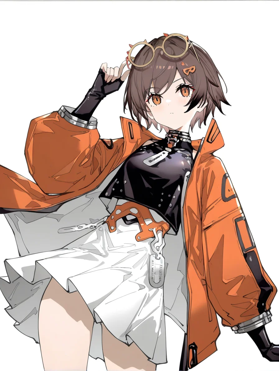 1girl,solo,(simple background:1.2),(white background:1.1),qianqiu,,looking_at_viewer,eyewear on head,from_side,short hair,77gl,orange coat,black skirt,white dress,<lora:qianqiu-000008:0.8>, masterpiece, best quality, very aesthetic, absurdres