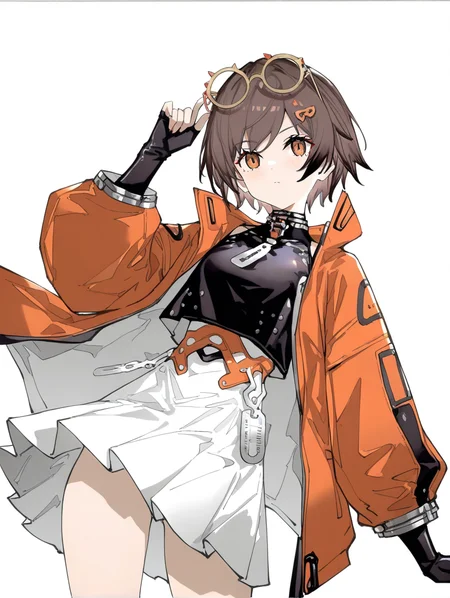 1girl,solo,(simple background:1.2),(white background:1.1),qianqiu,,looking_at_viewer,eyewear on head,from_side,short hair,77gl,orange coat,black skirt,white dress,<lora:qianqiu-000008:0.8>, masterpiece, best quality, very aesthetic, absurdres