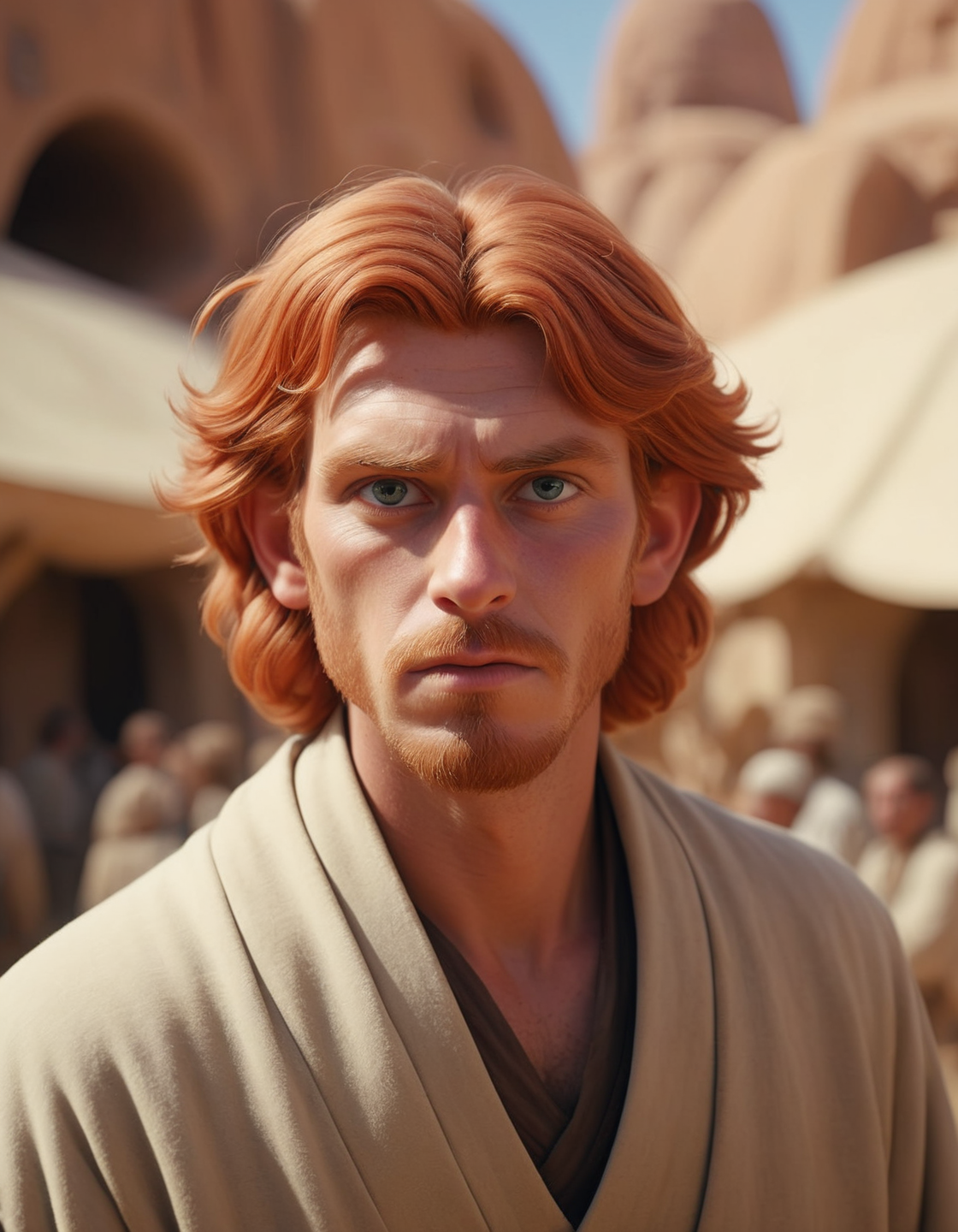 cinematic color grading lighting vintage realistic film grain scratches celluloid analog cool shadows warm highlights soft focus actor directed cinematography technicolor , A fluffy red haired man on vacation enjoying the local party scene  at noon in Mos Eisley on the planet Tatooine in Star Wars , a look of shock