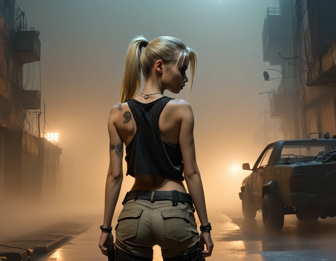 a post-apocalyptical creation from behind with atmospheric lighting captured by Enki Bilal; it is showcased a honduran, of legal age, and normal ((Mikaxl6)), having a blonde-haired ponytail; wearing a black streetwear tank top and cargo pants; looking back winking amidst a street at a misty night with dense fog.