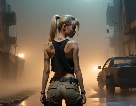 a post-apocalyptical creation from behind with atmospheric lighting captured by Enki Bilal; it is showcased a honduran, of legal age, and normal ((Mikaxl6)), having a blonde-haired ponytail; wearing a black streetwear tank top and cargo pants; looking back winking amidst a street at a misty night with dense fog.