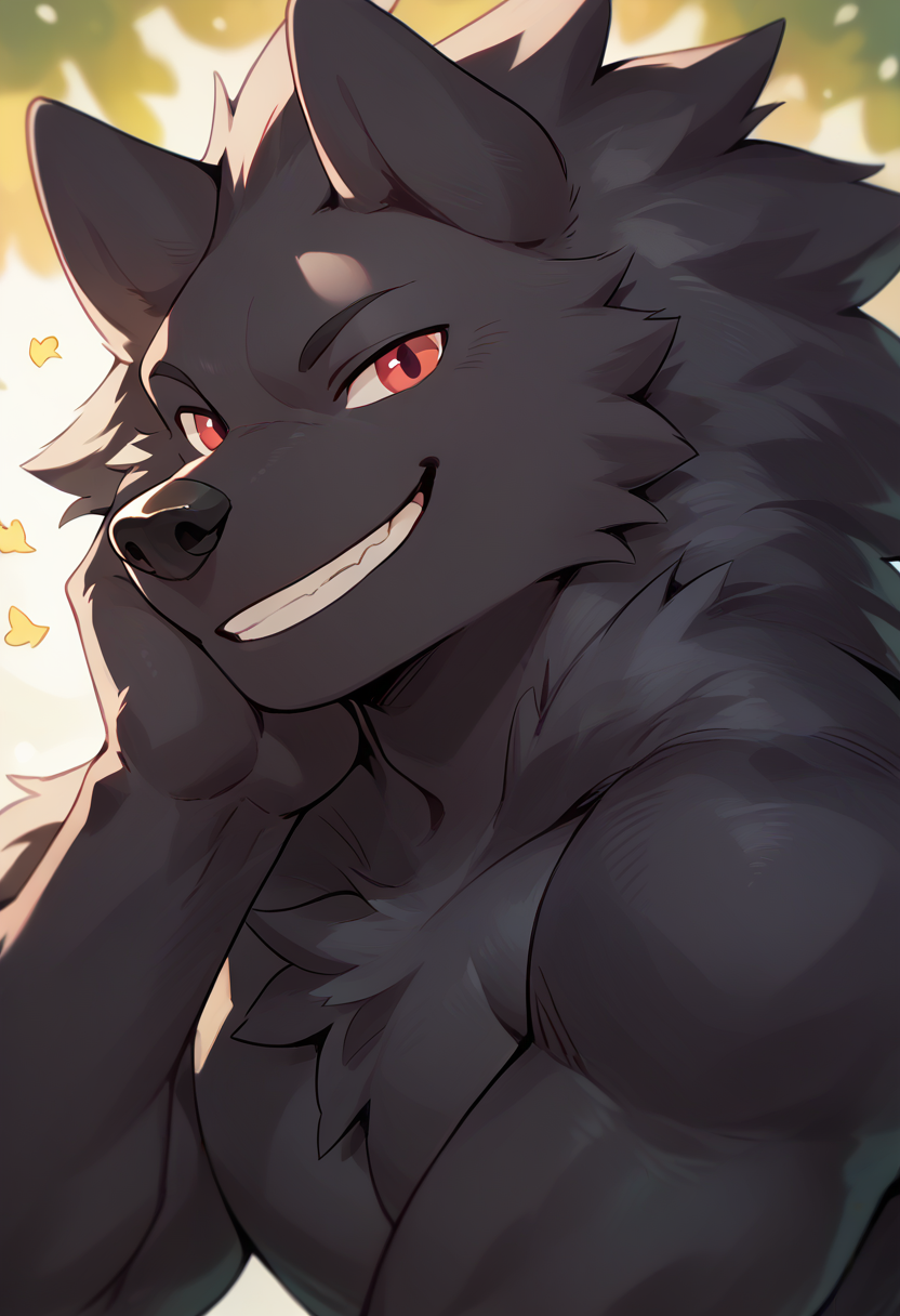 score_9, score_8_up, score_7_up, high quality, hires, leon_(i_think_i_like_you), furry, 1boy, solo, wolf boy, red eyes, black fur, muscular, smile, happy, looking at viewer, <lora:Leon_I_Think_I_Like_You:1>