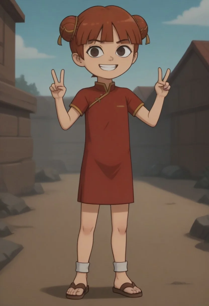 score_9, score_8_up, score_7_up, 1girl, solo, Fiore_DC, light skin, brown eyes, red hair, short hair, Double bun, bun cover, bangs, white socks, sandals, Chinese clothes, China dress, red cheongsam
big eyes, young, petite, small body, short body, child, flat chested, social smile, perfect eyes, perfect smile, looking at the viewer, detailed eyes, perfect eyes, standing, five fingers, perfect hands, hands sign peace, futuristic oedo town, blue sky, daytime, good weather, nice