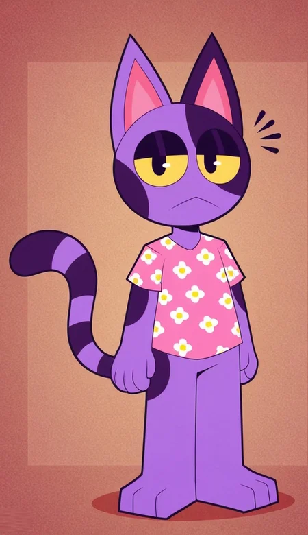 Bob-AC, anthro cat, lavender skin with dark purple spot, dark purple fur on right side of the eye, two-tone fur, lavander and purple striped tail with purple tip, black cat eyes, yellow sclera, purple cat ears with pink inner ears, barefoot, pink shirt with white flower pattern, furry, 1male, solo, fullbody, cat tail, <lora:120265bf-8b51-419f-855f-e67567d74bbb:0.7>
