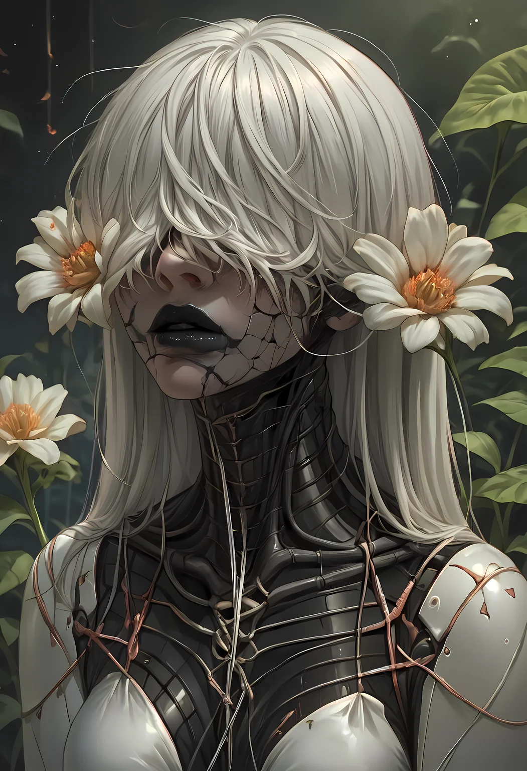score_9, score_8_up, score_7_up, score_6_up, score_5_up, score_4_up, <lora:cr34tur3g0r3XLP:0.8> cr34tur3g0r3, 1girl, flowers, cyborg, wires, broken, white hair, messy hair, hair covering eyes, hair over eyes, blunt bangs, black lipstick, robot