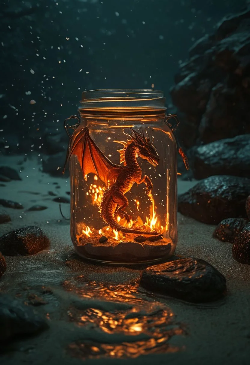 photo, high details, 8k, (underwater:1.2), low light, dark,  deep, on the ocean bottom, submerged, sealed empty jar on sea bottom, fire dragon in jar, fire dragon spread wings, breath flames, hearth in jar, dark rocks, sand and corrals,  fish on background, lit around,