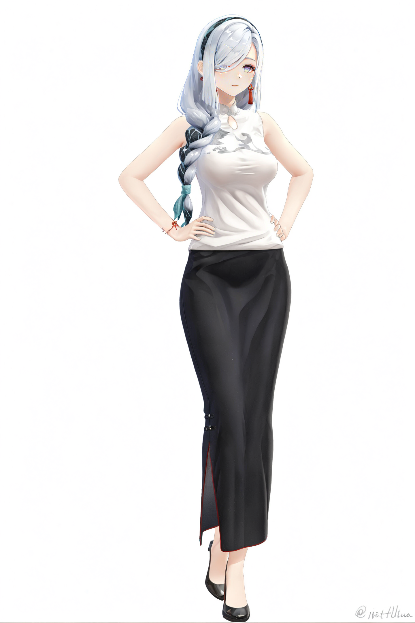 8k, best quality, masterpiece, (ultra-detailed:1.1), (high detailed skin), 
(full body), white background, standing, looking at viewer, (solo), hand on hip, 
<lora:ganshenxian-A3-Tanger-000010:0.8>,shenhe \(genshin impact\), shenhe's casual clothes, 1girl, long hair, skirt, full body, jewelry, hair over one eye, braid, breasts, standing, shirt, looking at viewer, long skirt, black skirt, 
(white background, simple background), 
(beautiful_face), ((intricate_detail)), clear face, 
((finely_detailed)), fine_fabric_emphasis, 
((glossy)), full_shot,