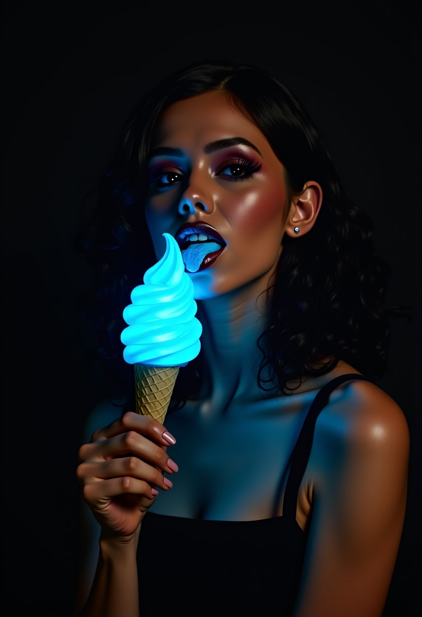 A 100% black background image of a sexy woman with dark hair and dark makeup. She is wearing a black dress. She is licking a glowing blue ice cream. The ice cream has a glowing blue spiral pattern. The woman's tongue is glowing blue. The background is completely black.