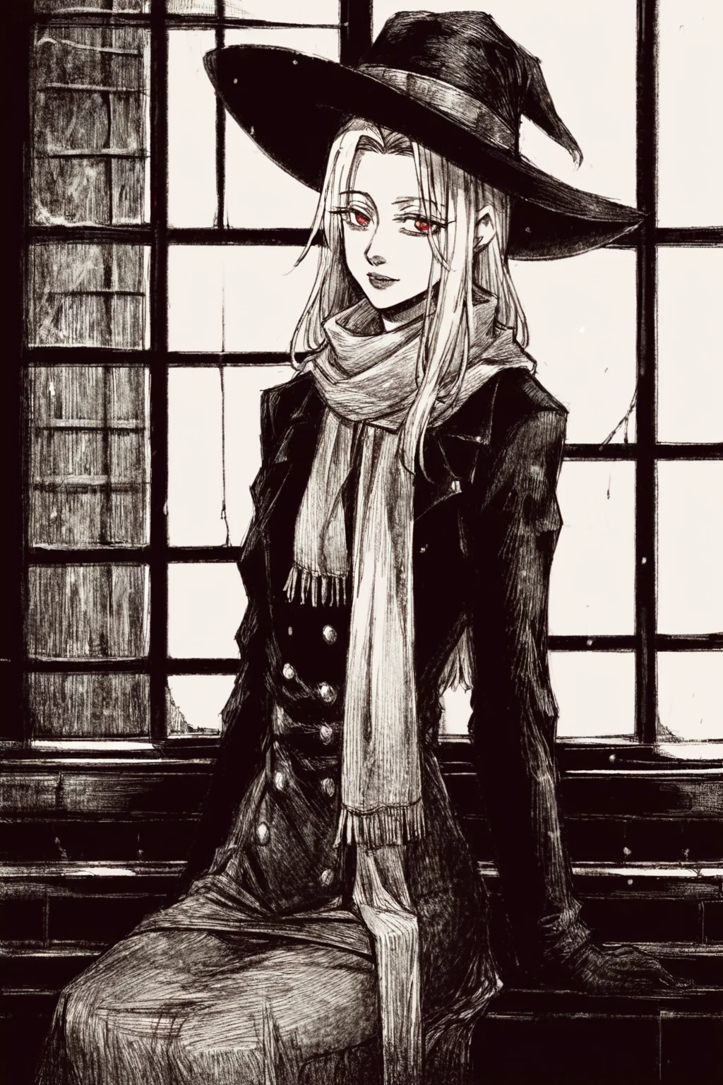 score_9, score_8_up, score_7_up, illyasviel von einzbern, dress, gloves, hat, long hair, long sleeves, red eyes, scarf, white hair, solo, solo focus, cowboy shot, black background, monochrome,greyscale , Sitting on a window ledge, looking outside BREAK p65fn <lora:ruffct:1.2>