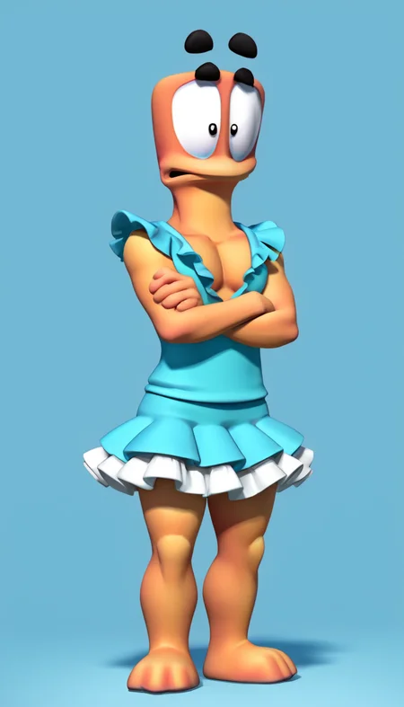 wormsteam17, wormrender, worm, 1worm, male focus, anthro, tall, solo, no humans, full body, standing, crossed arms, black eyebrows, black eyes, (embarrassed), open mouth, aqua dress, frills, pectoral cleavage, pectorals, short skirt, legs, thighs, cartoon animal feet, w3drender, 3d, cartoony, masterpiece, best quality