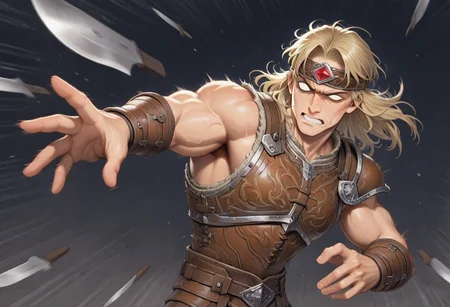 1boy, solo, general, SIMOIL, male focus, muscular, toned male, blank eyes, leather armor, (leather headband, red jewel), breastplate, one pauldron, vambraces, medium hair, blonde hair, upper body, half-closed eyes, clenched teeth, holding knife, KFV1.0, knife, throwing, throw, throwing knife, speed lines, masterpiece, best quality, amazing quality,