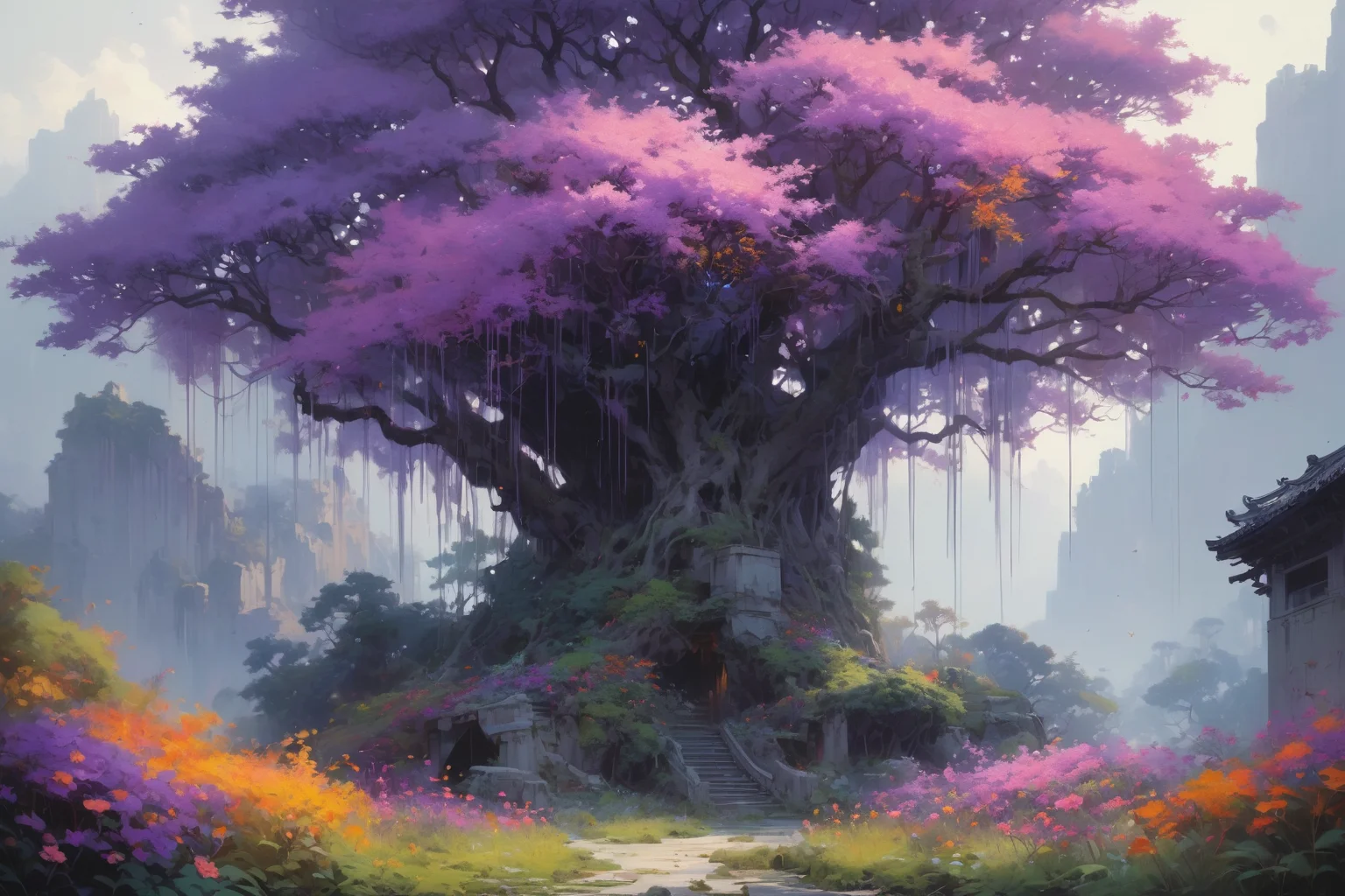 masterpiece, overgrown brutalism, Dull Purple glow, glowing trees, colorful flowers, breathtaking landscape, extremly high details, photorealistic, cinematic landscape, in the style of romanticism, wenjun lin an krenz cushart <lora:Overgrown_Brutalism_SDXL:.8>