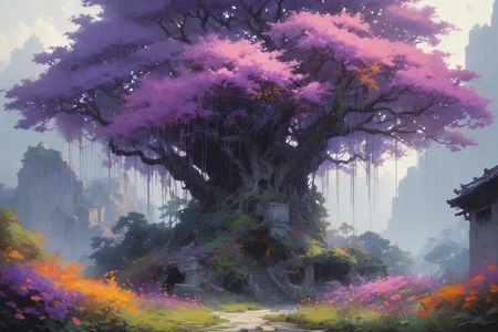masterpiece, overgrown brutalism, Dull Purple glow, glowing trees, colorful flowers, breathtaking landscape, extremly high details, photorealistic, cinematic landscape, in the style of romanticism, wenjun lin an krenz cushart <lora:Overgrown_Brutalism_SDXL:.8>