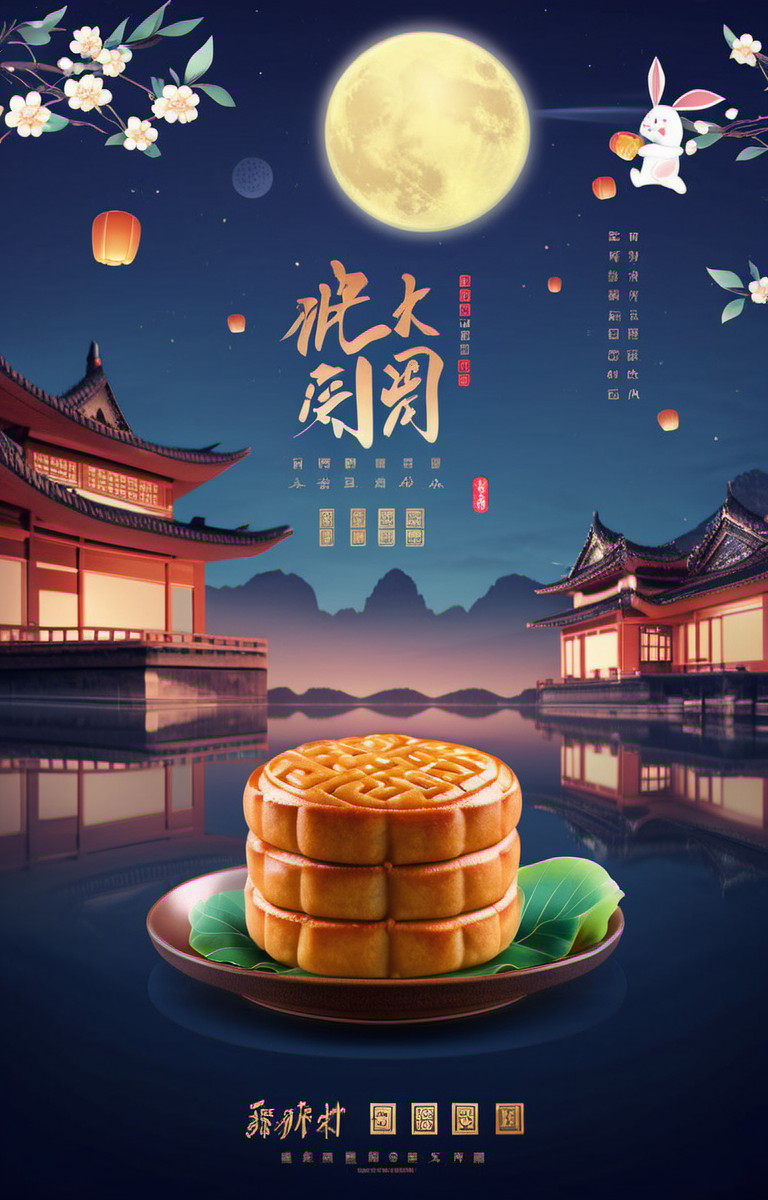 cinematic photo masterpiece,best quality,<lora:zqhb-000009:0.8>,scenery,bunny,east_asian_architecture,full_moon,poster design,night_sky,border,say,put the mooncakes on the plate, . 35mm photograph, film, bokeh, professional, 4k, highly detailed