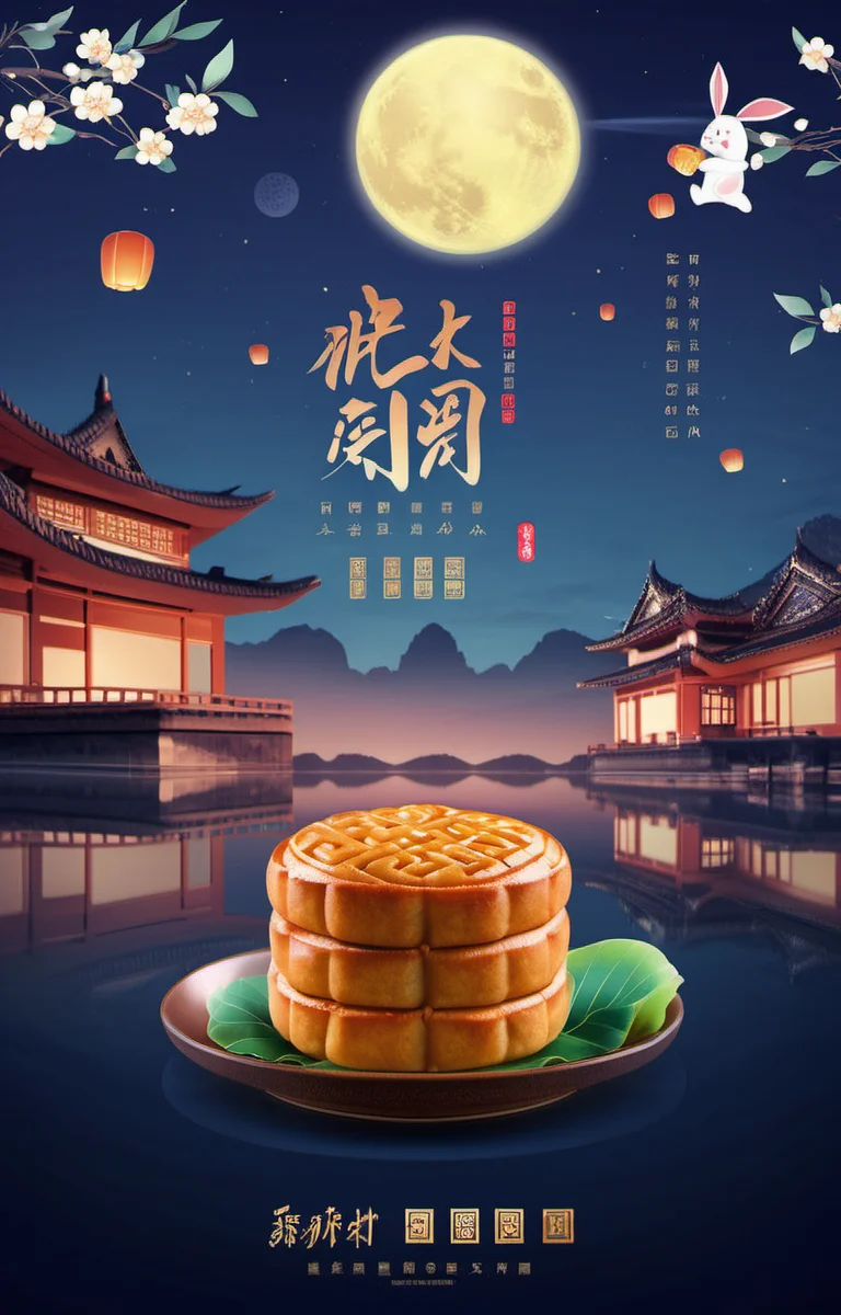 cinematic photo masterpiece,best quality,<lora:zqhb-000009:0.8>,scenery,bunny,east_asian_architecture,full_moon,poster design,night_sky,border,say,put the mooncakes on the plate, . 35mm photograph, film, bokeh, professional, 4k, highly detailed