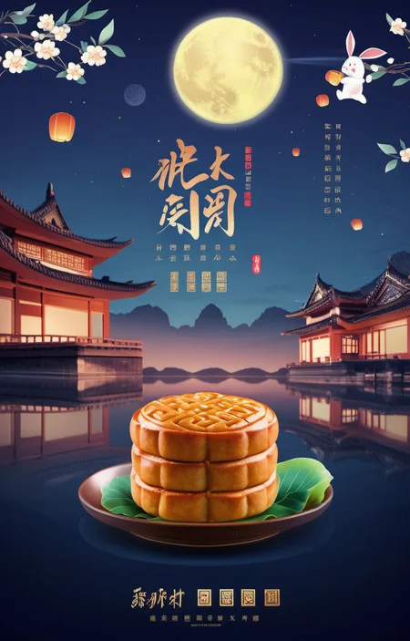 cinematic photo masterpiece,best quality,<lora:zqhb-000009:0.8>,scenery,bunny,east_asian_architecture,full_moon,poster design,night_sky,border,say,put the mooncakes on the plate, . 35mm photograph, film, bokeh, professional, 4k, highly detailed
