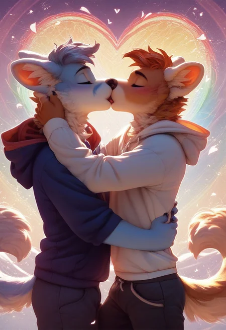 score_9, score_8_up, score_7_up,score_6_up, source_furry, Furry Mix PDXL, furry male, highly detailed, hyperrealistic, extremely fluffy, ,, dynamic pose, beautiful vibrant colors, intricate details, cinematic lighting, photorealistic, 8k, masterpiece  , high quality,F.M PDXL, (((2boys))), thigh up view,  kissing, hooded shirt, pants
 (((by <pochemu>))), Expressiveh, rainbow background, hearts