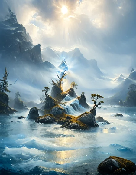 <lora:Medieval_Worlds_Scenery01xla:1> mwl01, scenery, landscape, mountains, waves, rocks, lake, tree, island, lots of mist, moss, lost ambiance, mountains, skylight through clouds, blue, white, gold, T7, bokeh, T2