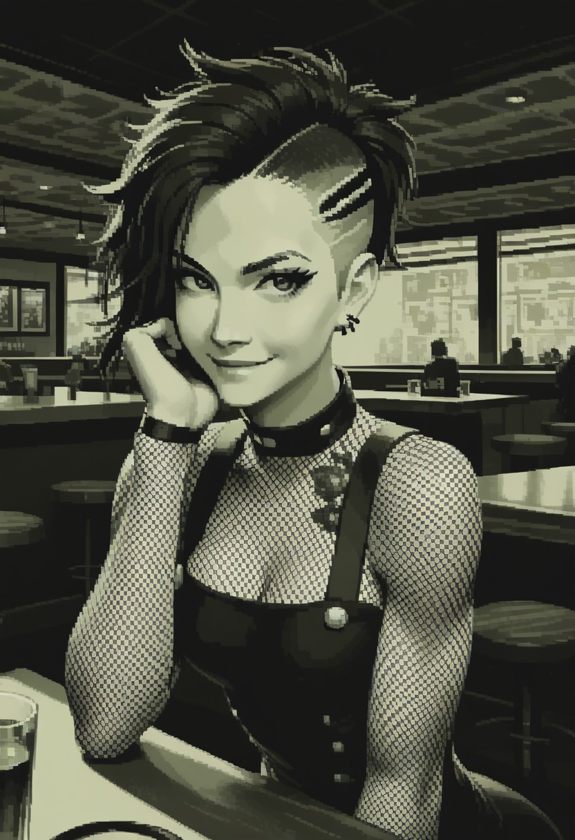 score_9, score_8_up, 
green theme, monochrome, pixel, source_anime, bold lines, flat colors,
beautiful, restaurant, bar, modern,
looking at viewer, pretty eyes, Expressiveh, 
dark eyebrows, medium breasts,
punk, smirk, undercut hair, fishnet