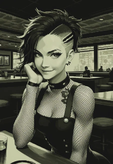 score_9, score_8_up,
green theme, monochrome, pixel, source_anime, bold lines, flat colors,
beautiful, restaurant, bar, modern,
looking at viewer, pretty eyes, Expressiveh,
dark eyebrows, medium breasts,
punk, smirk, undercut hair, fishnet