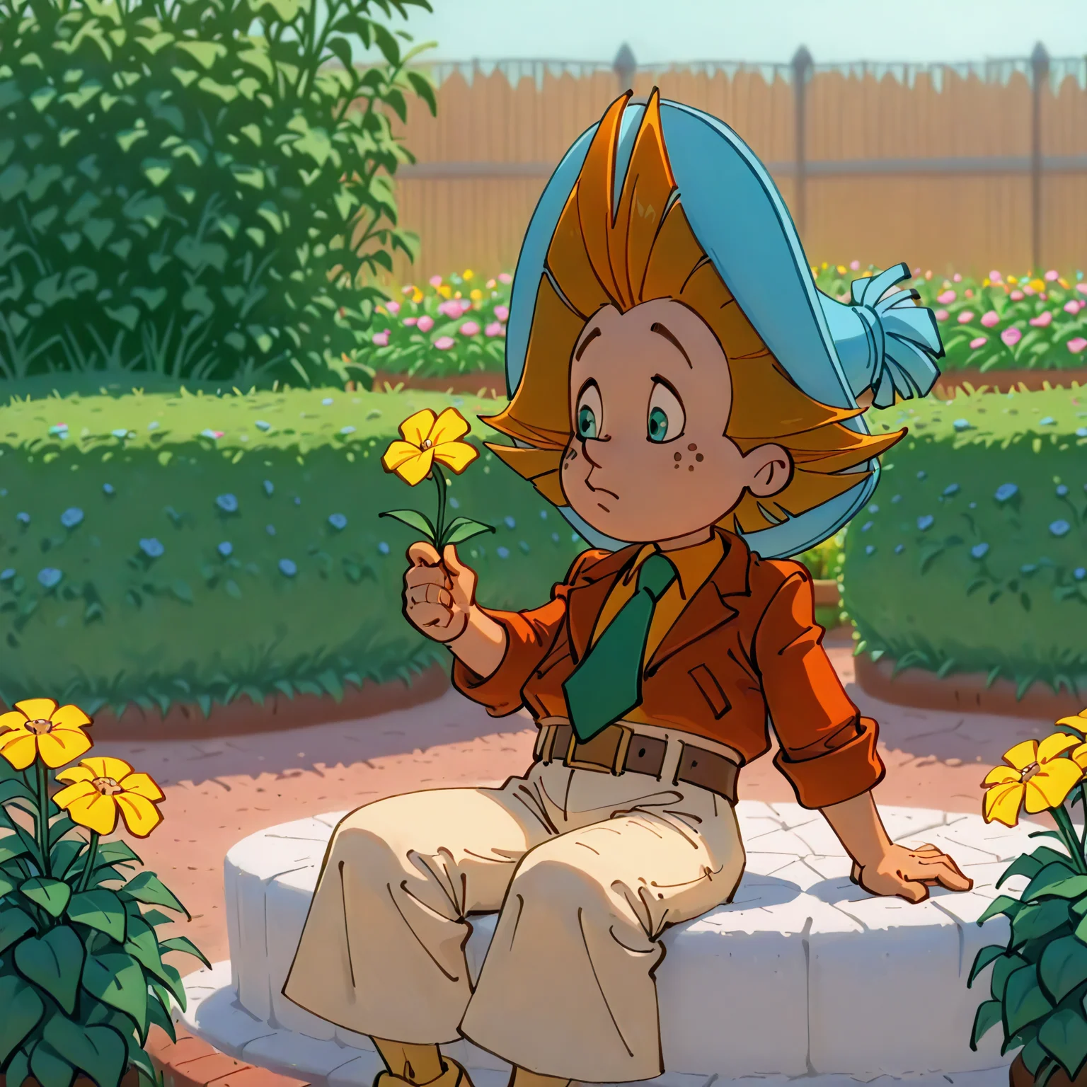 <lora:Neznajka:1>, (rich colors:1.3), <lora:aidmaMJ6.1_v0.5_IL:0.8> <lora:princess_xl_v2:0.7>, blue hat, Neznajka, jacket, 1boy, necktie, solo, belt, beige wide pants, picks a flower, sitting, garden, cartoon
