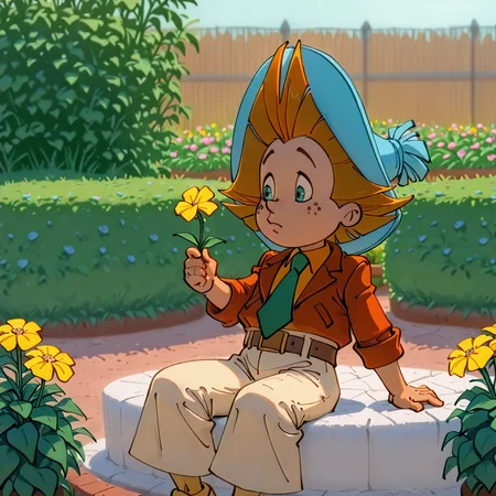 <lora:Neznajka:1>, (rich colors:1.3), <lora:aidmaMJ6.1_v0.5_IL:0.8> <lora:princess_xl_v2:0.7>, blue hat, Neznajka, jacket, 1boy, necktie, solo, belt, beige wide pants,  picks a flower, sitting, garden, cartoon