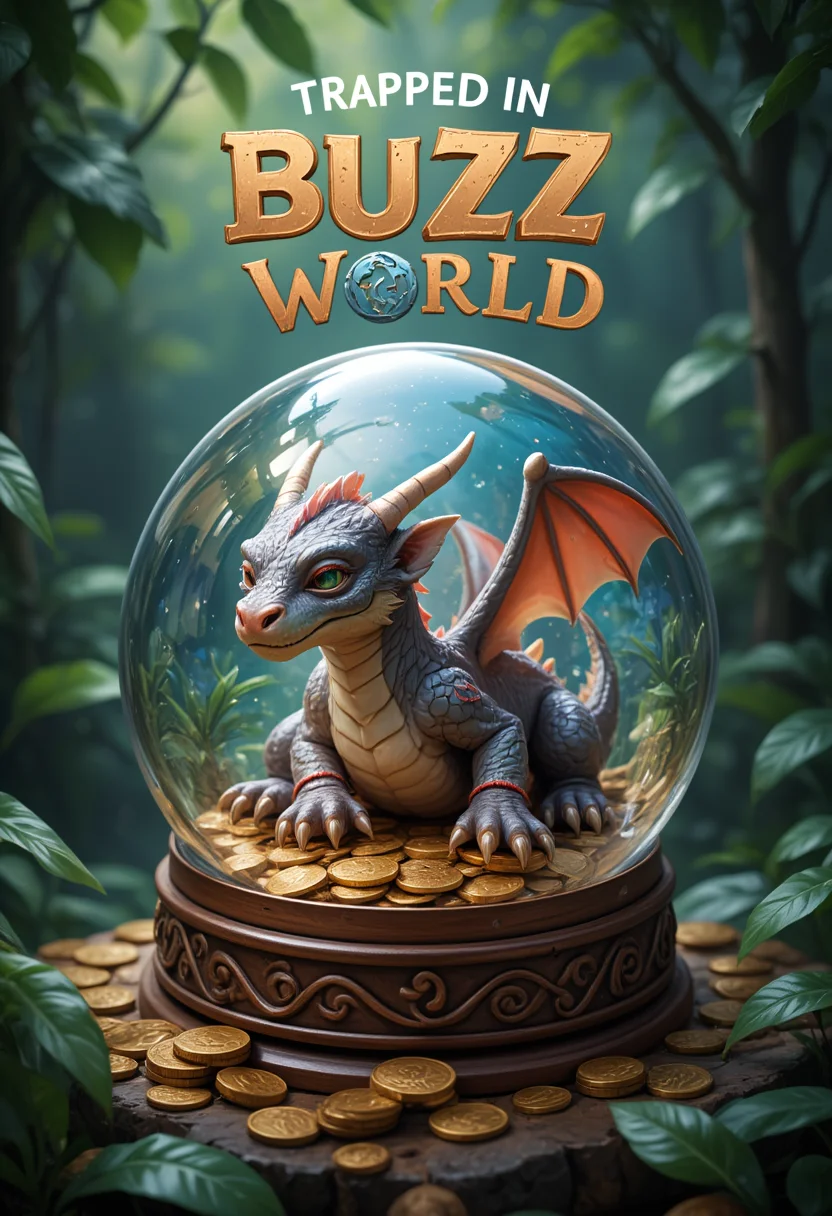 movie poster text "Trapped in BUZZ World". A captivatingly ethereal portrait depicts a whimsical, colorful style, in the center of a jungle a cute little dragon sleeping on gold coins inside a snowglobe, detailed, intricate