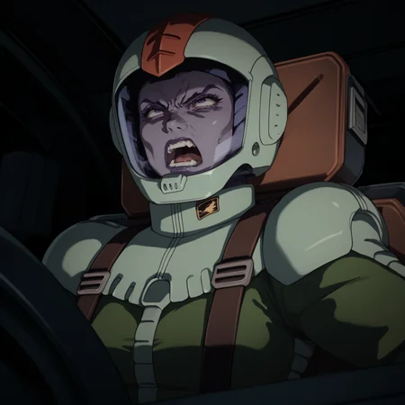 score_9, score_8_up, score_8, solo, adult, <lora:Zeon_Pilot_Mobile_Suit_Gundam_Pony_SDXL:1>, zeon pilot, green flight suit, 1 woman, cockpit view, helmet, angry, yelling