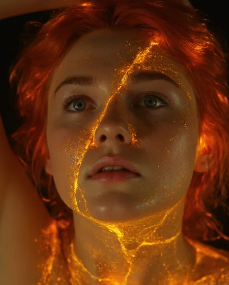 A surreal close-up of a human girl where her pale skin appears to diagonally crack open like ceramic, revealing molten lava underneath. The cracks are glowing an intense orange, and the person's eyes have a piercing bright green glow. The hair and eyebrows are red, with embers flickering at the tips. 
The lighting is dramatic, casting harsh shadows that enhance the molten effect. The atmosphere is otherworldly and intense, with a burning, apocalyptic feel.
<lora:fantastic-realism:0.666> f4nt4st1c,  <lora:Vintage_Movie:0.555> "vintage movie aesthetic",