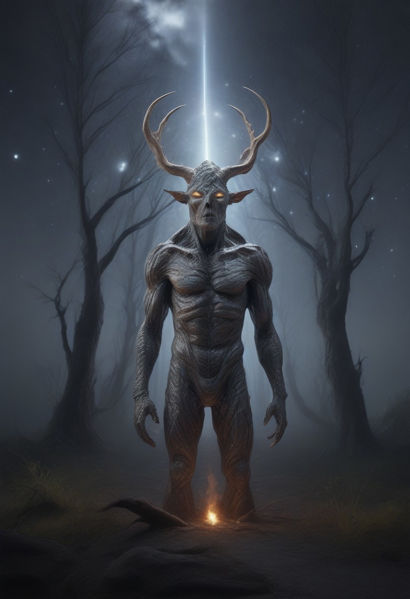 masterpiece,best quality,amazing quality,very aesthetic,absurdres,newest, huge filesize, absurd res, 
pascaH, no face, multiple monsters, grey skin, wrinkly body, horns, full body, side view, claws, forest, nighttime, stars, moon, trees, clouds, grass, fireflies, beautiful, glowing, scenery, Petrified Wood Morph,